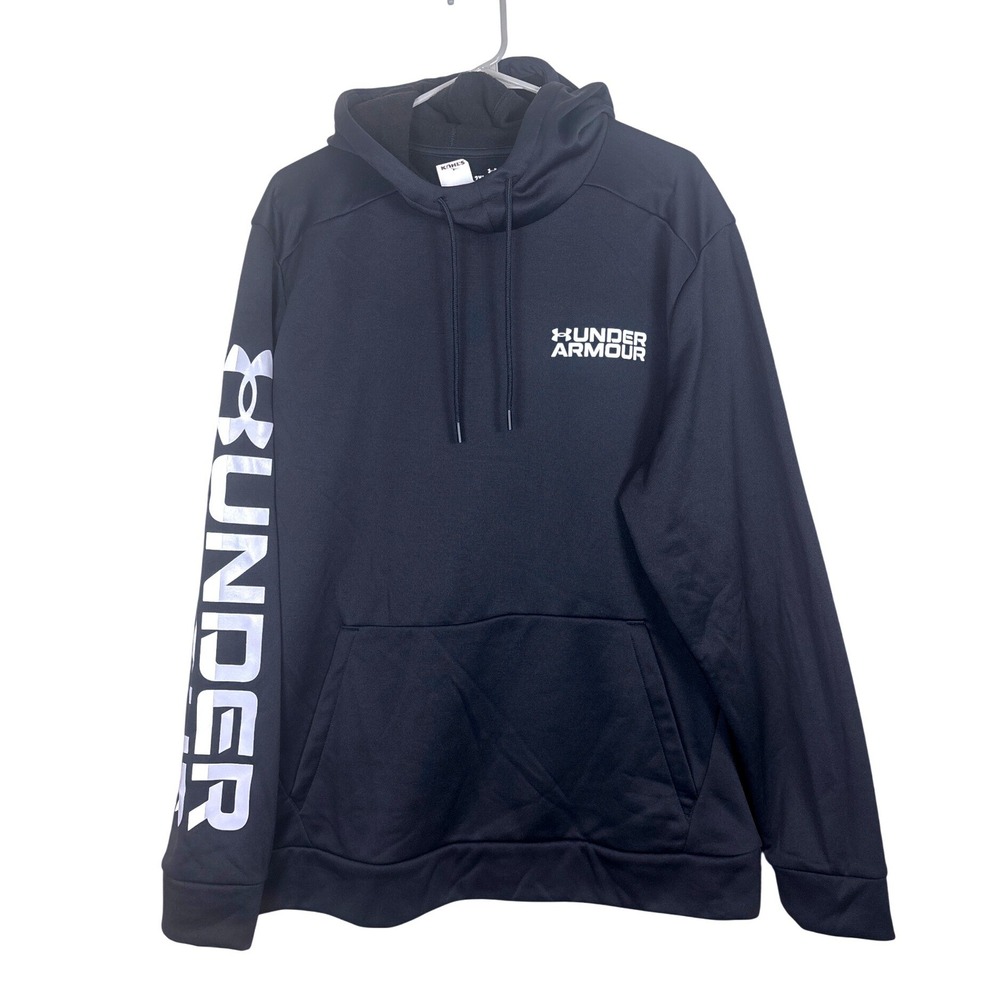 Under Armour‎ Mens Rival Fleece Hoodie Black Sleeve Logo Pullover Sweatshirt 2XL